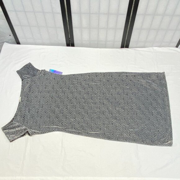 Derek Heart Black Silver Shimmery Greek Key Shift Dress Boat Neck Cap Sleeve 1X - Picture 9 of 14